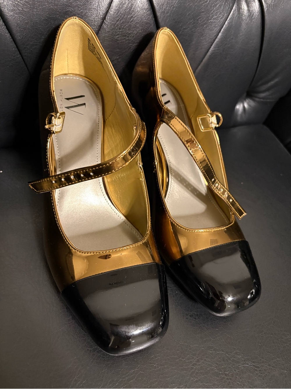 Worthington Metallic Gold Mary Jane Pumps with Black Cap Toes